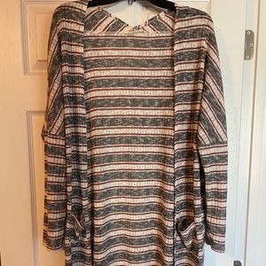 Duster cardigan - rust/dark red stripe with black and white stripes.